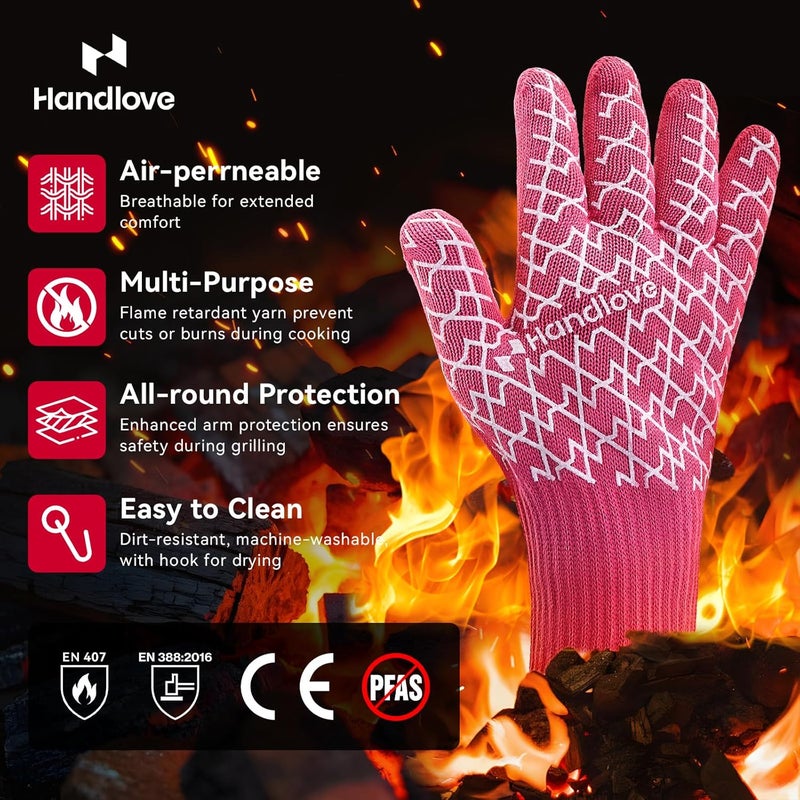 HandLove BBQ Gloves, Oven Gloves with Fingers – Heat Resistant Gloves for Grilling | Silicone Grip, Long Cuff Mitts - Kitchen & Outdoor Barbecue, Cooking, Baking, Pink S - Image 3